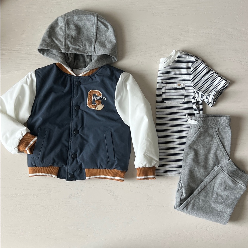Flapdoodles Toddler Boy 3 Piece Set Bomber Jacket Joggers Football 2T 4T 5T